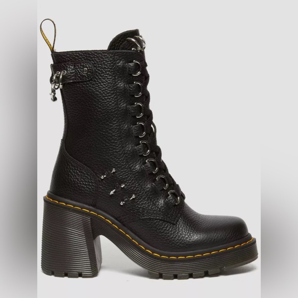 Sold out- DR. MARTENS CHESNEY PIERCING LEATHER FLARED HEEL LACE UP COMBAT BOOTS - Picture 3 of 5